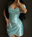 Niulatu Tiffany Blue Off Shoulder Sheath Satin Short Prom Dresses, Glamour Homecoming Dress HZ1031