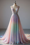 Niulatu Colorful V-neck A-Line Quincea?era Dress Glitter Tulle Long Prom Dresses, Sweet 16th Birthday Dress HZ1031