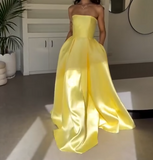 Niulatu Yellow Strapless A-Line Satin Long Prom Dresses, Glam Formal Evening Gowns HZ1031