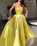 Niulatu Yellow Strapless A-Line Satin Long Prom Dresses, Glam Formal Evening Gowns HZ1031