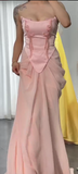 Niulatu Pink Strapless Mermaid Satin Chiffon Long Prom Dresses, Elegant Formal Evening Gowns with Beading HZ1031