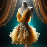 Niulatu Yellow Spaghetti Strap A-Line Tulle Short Prom Dresses HZ1031