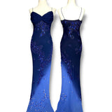 Niulatu Navy Blue Spaghetti Straps Sheath Beaded Chiffon Long Prom Dresses, Vintage Evening Gowns HZ1031