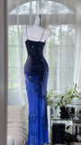 Niulatu Navy Blue Spaghetti Straps Sheath Beaded Chiffon Long Prom Dresses, Vintage Evening Gowns HZ1031