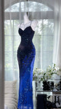 Niulatu Navy Blue Spaghetti Straps Sheath Beaded Chiffon Long Prom Dresses, Vintage Evening Gowns HZ1031
