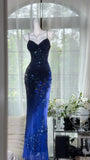 Niulatu Navy Blue Spaghetti Straps Sheath Beaded Chiffon Long Prom Dresses, Vintage Evening Gowns HZ1031