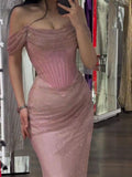 Niulatu Pink Sheath Off-shoulder Long Prom Dresses, Formal Evening Dresses with Slits HZ1031