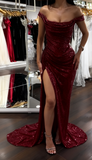Niulatu Purple Sheath Off Shoulder Glitter Long Prom Dresses, Formal Evening Dresses with Slits HZ1031