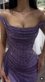 Niulatu Purple Sheath Off Shoulder Glitter Long Prom Dresses, Formal Evening Dresses with Slits HZ1031