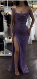 Niulatu Purple Sheath Off Shoulder Glitter Long Prom Dresses, Formal Evening Dresses with Slits HZ1031