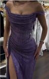 Niulatu Purple Sheath Off Shoulder Glitter Long Prom Dresses, Formal Evening Dresses with Slits HZ1031