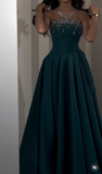 Niulatu Jade A-Line Satin Beaded Long Prom Dresses, Strapless Formal Evening Gowns HZ1031
