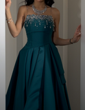 Niulatu Jade A-Line Satin Beaded Long Prom Dresses, Strapless Formal Evening Gowns HZ1031