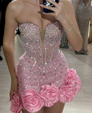 Niulatu Pink Bodycon Strapless Beaded Short Homecoming Dress, Sweet 16 Dress HZ1031