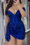 Niulatu Blue Bodycon Lace Short Prom Dresses, Off Shoulder Glitter Homecoming Dress HZ1031