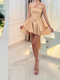 Niulatu Champagne A-Line Satin Short Prom Dresses, Halter Fashion Party Dress HZ1031
