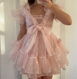 Niulatu Pink A-Line Tulle Short Prom Dresses, Glitter Sequin Homecoming Dress HZ1031