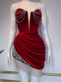 Niulatu Burgundy Bodycon Velvet Beaded Short Prom Dresses, Sweetheart Elegant Homecoming Dress with Tassels HZ1031