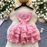 Niulatu Rococo Pink Strapless Tulle Applique Short Ball Gown, Sweet 16 Dress HZ1031