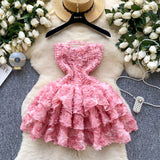 Niulatu Rococo Pink Strapless Tulle Applique Short Ball Gown, Sweet 16 Dress HZ1031