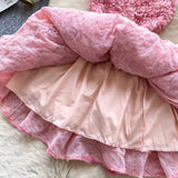 Niulatu Rococo Pink Strapless Tulle Applique Short Ball Gown, Sweet 16 Dress HZ1031