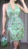 Niulatu Green Halter Sheath Beaded Sequin Chiffon Short Prom Dresses HZ1031
