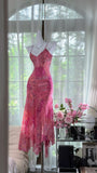 Niulatu Pink Sheath Printed Chiffon Short Prom Dresses, Spaghetti Strap Evening Dress HZ1031