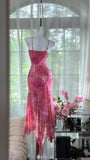 Niulatu Pink Sheath Printed Chiffon Short Prom Dresses, Spaghetti Strap Evening Dress HZ1031