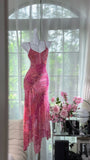 Niulatu Pink Sheath Printed Chiffon Short Prom Dresses, Spaghetti Strap Evening Dress HZ1031
