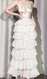 Niulatu Off-White Halter Neck A-Line Layered Chiffon Long Prom Dresses, Elegant Backless Evening Gowns HZ1031