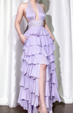 Niulatu Off-White Halter Neck A-Line Layered Chiffon Long Prom Dresses, Elegant Backless Evening Gowns HZ1031
