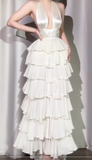 Niulatu Off-White Halter Neck A-Line Layered Chiffon Long Prom Dresses, Elegant Backless Evening Gowns HZ1031