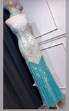 Niulatu Tiffany Blue Spaghetti Strap Sheath Beaded Chiffon Long Prom Dresses, Formal Elegant Evening Gowns HZ1031