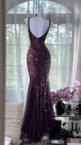 Niulatu Dark Purple Guest Dresses V-Neck Mermaid Beaded Chiffon Long Stunning Prom Dresses, Formal Evening Dresses HZ1031