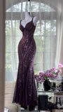 Niulatu Dark Purple Guest Dresses V-Neck Mermaid Beaded Chiffon Long Stunning Prom Dresses, Formal Evening Dresses HZ1031