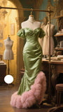 Niulatu Green Off Shoulder Mermaid Satin Long Prom Dresses, Elegant Evening Gowns HZ1031