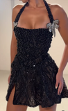 Niulatu Halter Neck A-Line Beaded Tulle Short Prom Dresses, Black Back to School Outfits HZ1031