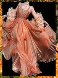 Niulatu Orange Tulle A-Line Beaded Tulle Long Prom Dresses, Sweet 16 Dress HZ1031