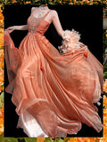 Niulatu Orange Tulle A-Line Beaded Tulle Long Prom Dresses, Sweet 16 Dress HZ1031