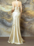 Niulatu Light Champagne Sheath Halter Beaded Satin Long Prom Dresses, Vintage Formal Evening Gowns HZ1031