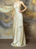 Niulatu Light Champagne Sheath Halter Beaded Satin Long Prom Dresses, Vintage Formal Evening Gowns HZ1031