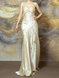 Niulatu Light Champagne Sheath Halter Beaded Satin Long Prom Dresses, Vintage Formal Evening Gowns HZ1031