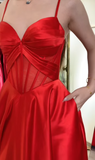 Niulatu Red Spaghetti Straps A-Line Satin Long Prom Dresses, Formal Evening Gowns with Open Back HZ1031