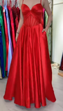 Niulatu Red Spaghetti Straps A-Line Satin Long Prom Dresses, Formal Evening Gowns with Open Back HZ1031