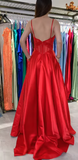 Niulatu Red Spaghetti Straps A-Line Satin Long Prom Dresses, Formal Evening Gowns with Open Back HZ1031