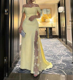 Niulatu Butter Yellow Off-shoulder Sheath Chiffon Beaded Long Prom Dresses, Formal Elegant Evening Gowns HZ1031