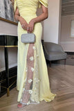 Niulatu Butter Yellow Off-shoulder Sheath Chiffon Beaded Long Prom Dresses, Formal Elegant Evening Gowns HZ1031