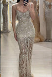 Niulatu Champagne Gold Sheath Tulle Sequin Beading Long Prom Dresses, Spaghetti Strap Formal Evening Gowns HZ1031