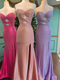 Niulatu Strapless Sheath Glitter Satin Long Formal Evening Gowns with Slits HZ1031