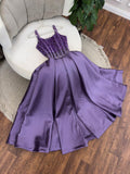 Niulatu Purple Spaghetti Strap A-Line Beaded Satin Long Prom Dresses, Sweet Birthday Party Outfit HZ1031